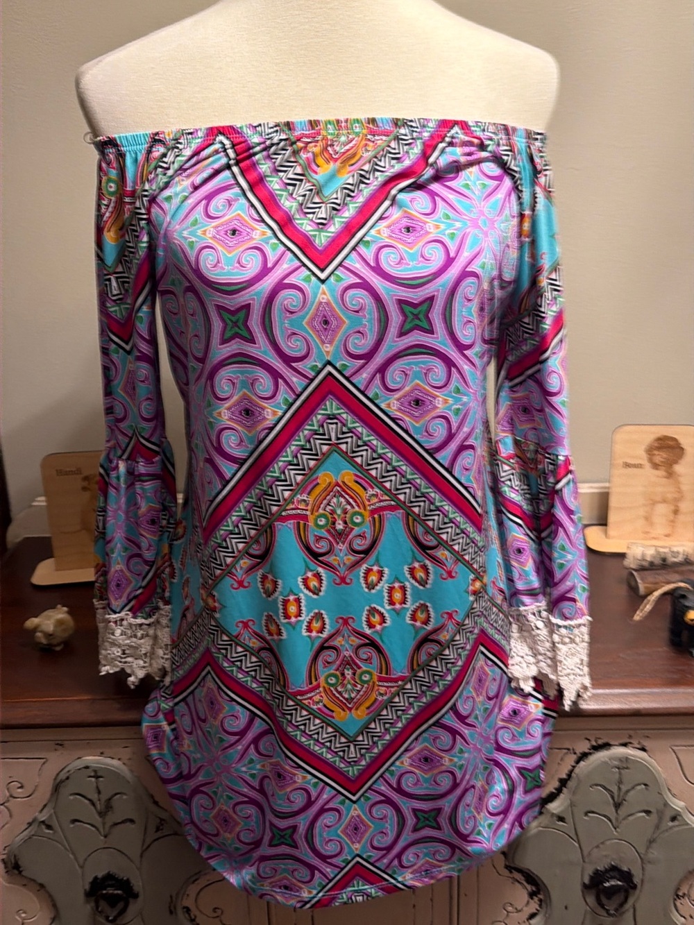 Boho Off-Shoulder Dress in Aqua & Purple